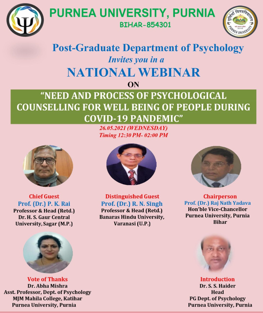 National Webinar on "Need and Process of Psychological Counselling For Well Being of People During Covid-19 Pandemic"